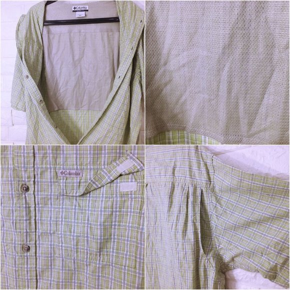 Vintage 90s Columbia Sport PFG Shirt OmniShade -XL Pockets Vented Plaid Green - Picture 9 of 10